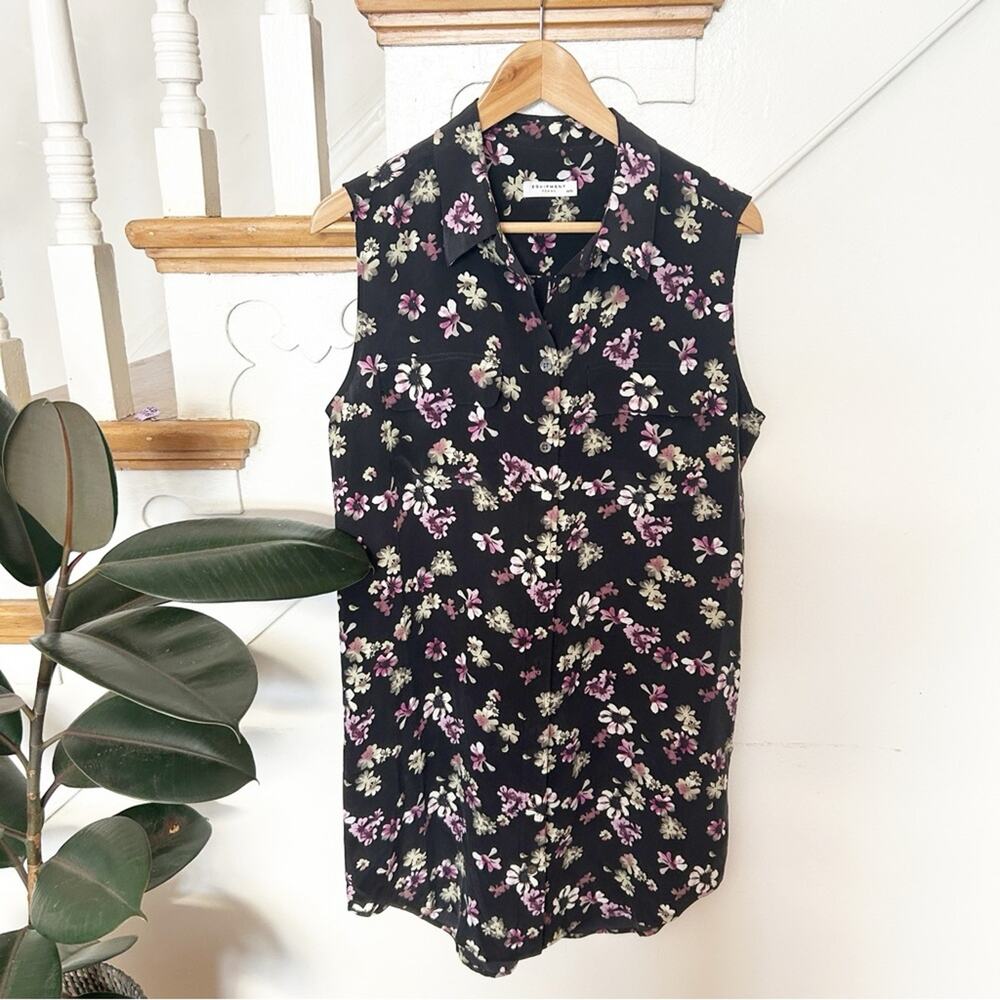 Equipment Femme Black Purple Floral Print Silk Shirtdress Sleeveless Size M